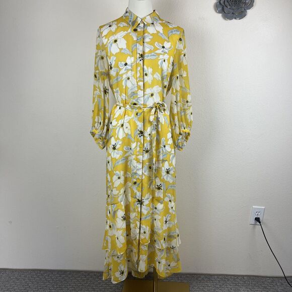 Banana Republic Shirt Dress Womens 6 Yellow Floral Maxi Ruffle Cottage Fairy - Picture 1 of 10